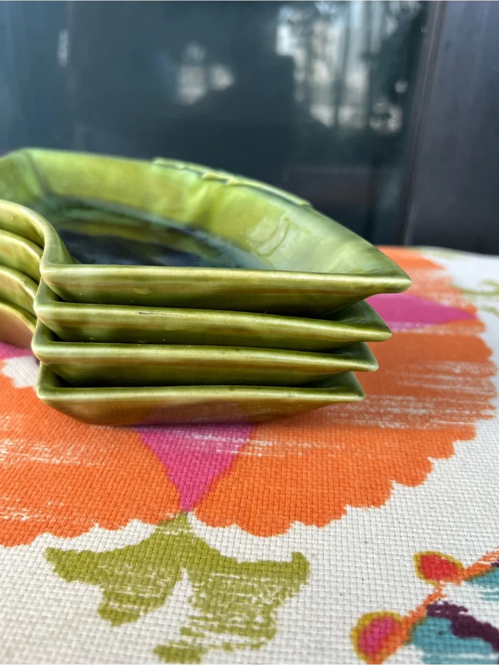 Vintage Wade California 504 Green Drip Glaze Bamboo Snack Serving Trays Set of 4